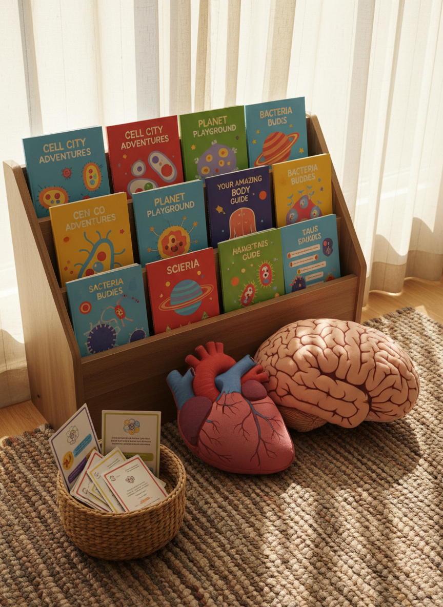 A cozy reading corner dedicated to scientific education, featuring a low wooden shelf overflowing with free, colorful science booklets neatly fanned out. Each booklet cover shows simplified illustrations of cells, planets, the human body, and bacteria, rendered in a playful style with large, legible titles. Next to the shelf, a soft, oversized fabric brain pillow and heart pillow rest on a textured rug, alongside a small basket filled with flashcards and simple infographics. Warm afternoon sunlight filters through sheer curtains, casting soft, elongated shadows and creating a relaxed, welcoming atmosphere. Photographic realism with vibrant yet balanced colors, captured from a slightly elevated angle, emphasizes clarity, organization, and the joy of learning science comfortably at home or in a classroom.