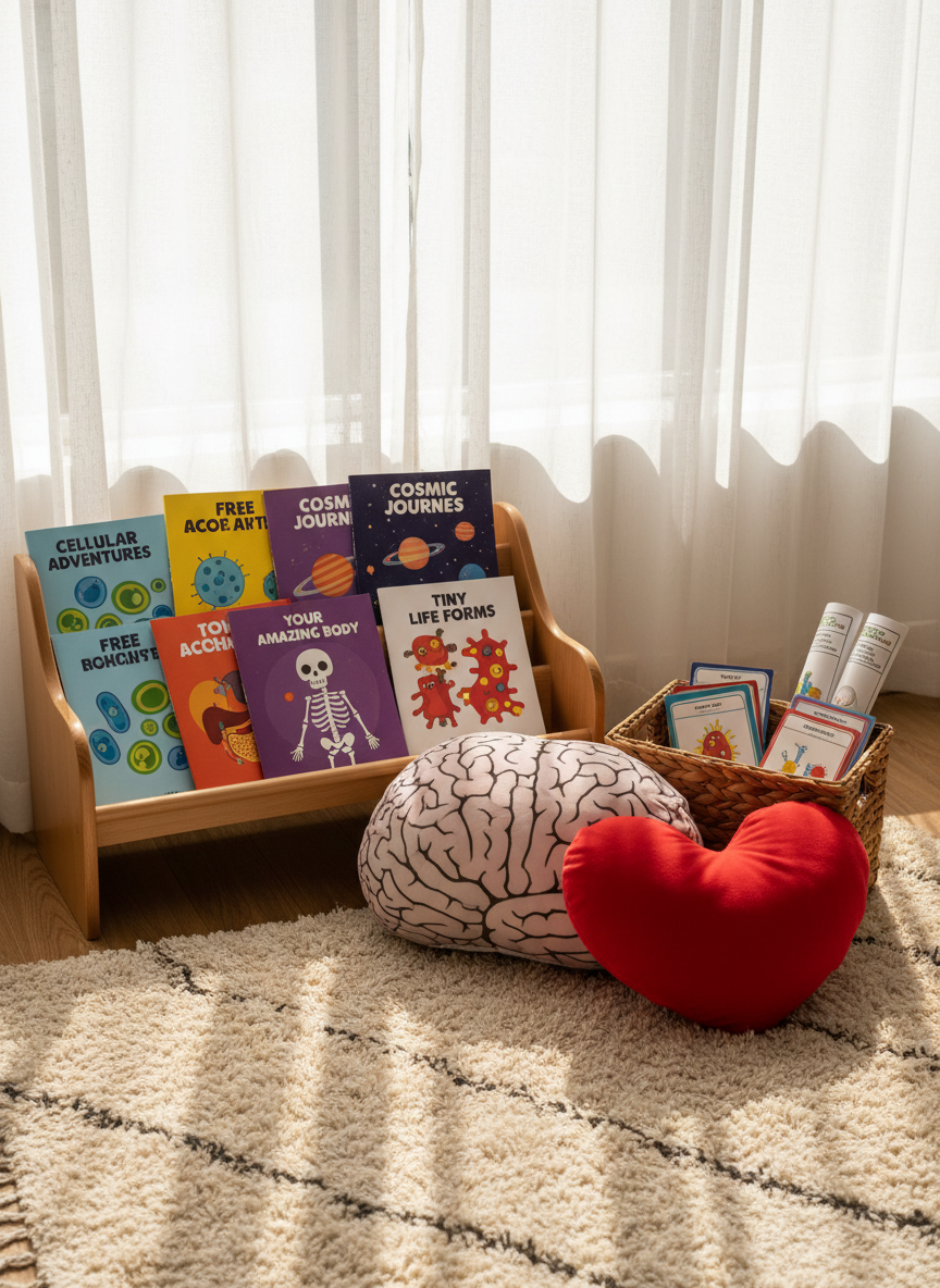 A cozy reading corner dedicated to scientific education, featuring a low wooden shelf overflowing with free, colorful science booklets neatly fanned out. Each booklet cover shows simplified illustrations of cells, planets, the human body, and bacteria, rendered in a playful style with large, legible titles. Next to the shelf, a soft, oversized fabric brain pillow and heart pillow rest on a textured rug, alongside a small basket filled with flashcards and simple infographics. Warm afternoon sunlight filters through sheer curtains, casting soft, elongated shadows and creating a relaxed, welcoming atmosphere. Photographic realism with vibrant yet balanced colors, captured from a slightly elevated angle, emphasizes clarity, organization, and the joy of learning science comfortably at home or in a classroom.