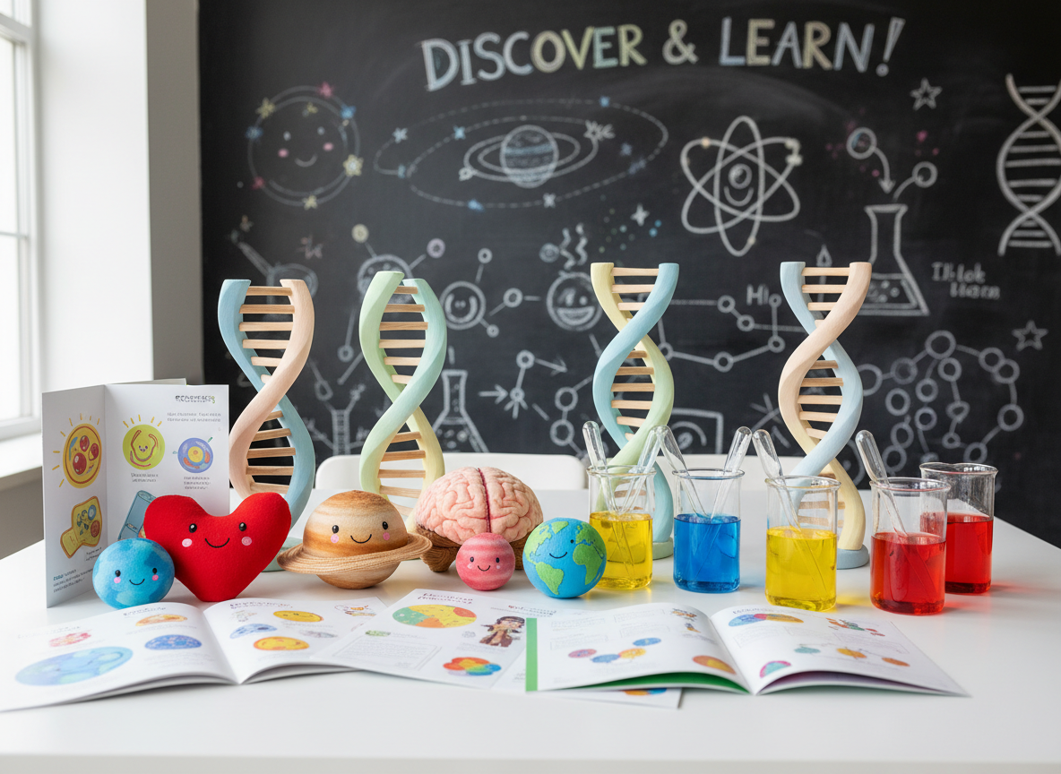 A brightly colored science workspace filled with playful educational objects, all arranged on a wide white table. There are open illustrated booklets about biology and astronomy, soft fabric plush models of organs and planets with smiling faces, oversized wooden DNA helices painted in pastel tones, and simple lab glassware with harmlessly dyed water in primary colors. In the background, a large chalkboard wall shows clear, friendly scientific diagrams and hand-drawn icons. Soft daylight from a nearby window creates gentle, even illumination with subtle shadows, giving a clean, photographic realism. Shot at eye level with a slight angle and moderate depth of field, the scene feels inviting, curious, and approachable, designed to represent accessible science education for all ages.