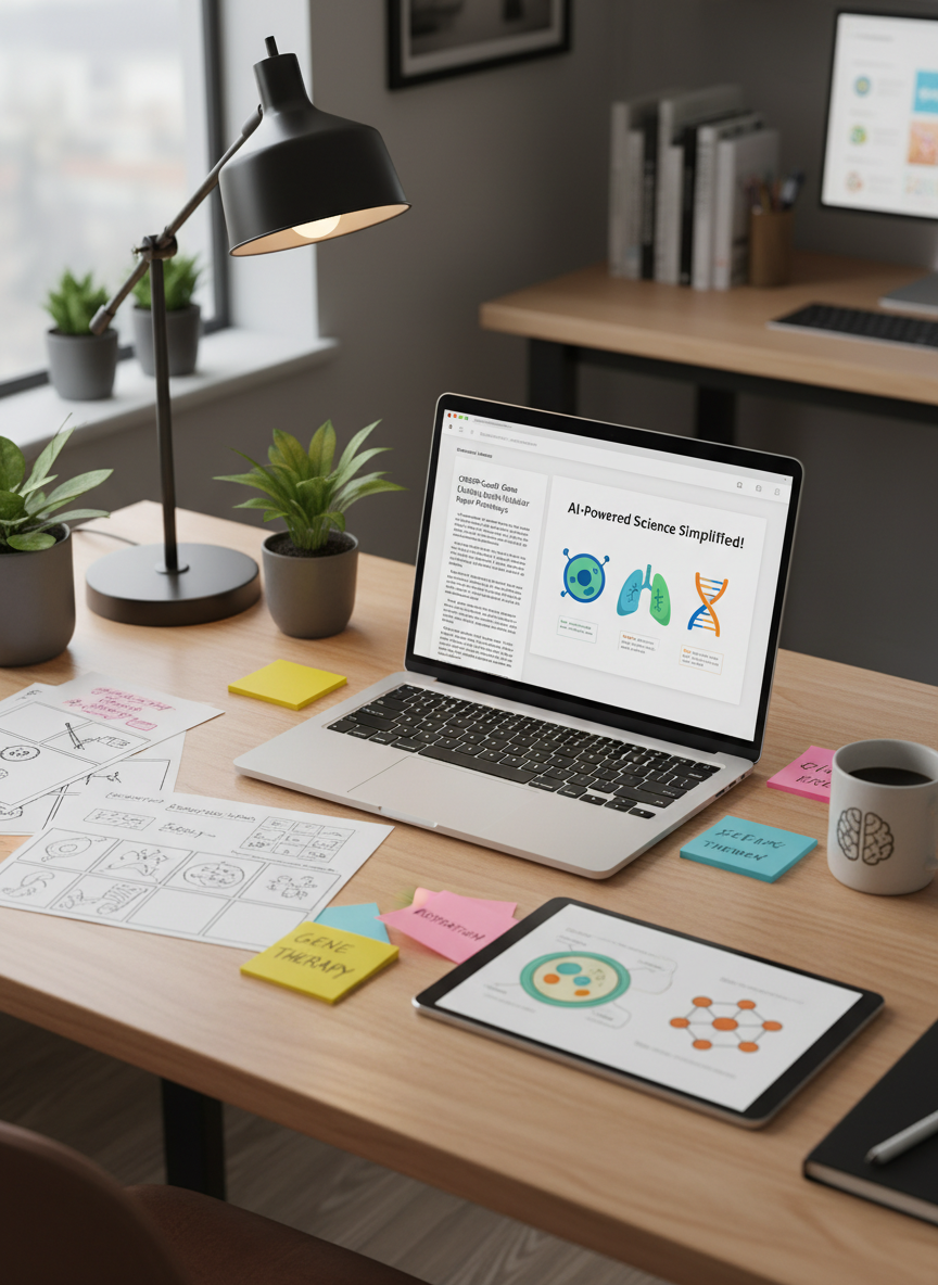 A modern digital workspace where artificial intelligence helps transform complex science topics into simple visuals. On a sleek, light-wood desk sits an open laptop showing a clean interface with a complex scientific article on one side and a simplified infographic draft on the other, featuring icons of cells, lungs, and DNA in bold, friendly shapes. Surrounding the laptop are printed storyboards, colorful sticky notes with keywords, and a tablet displaying cartoon-style scientific diagrams. Cool, diffused light from a large window mixes with soft desk-lamp lighting, creating a balanced, photographic look. Shot from a three-quarter overhead angle with sharp focus, the atmosphere feels creative, organized, and futuristic yet warm, highlighting technology as a friendly partner in science communication.