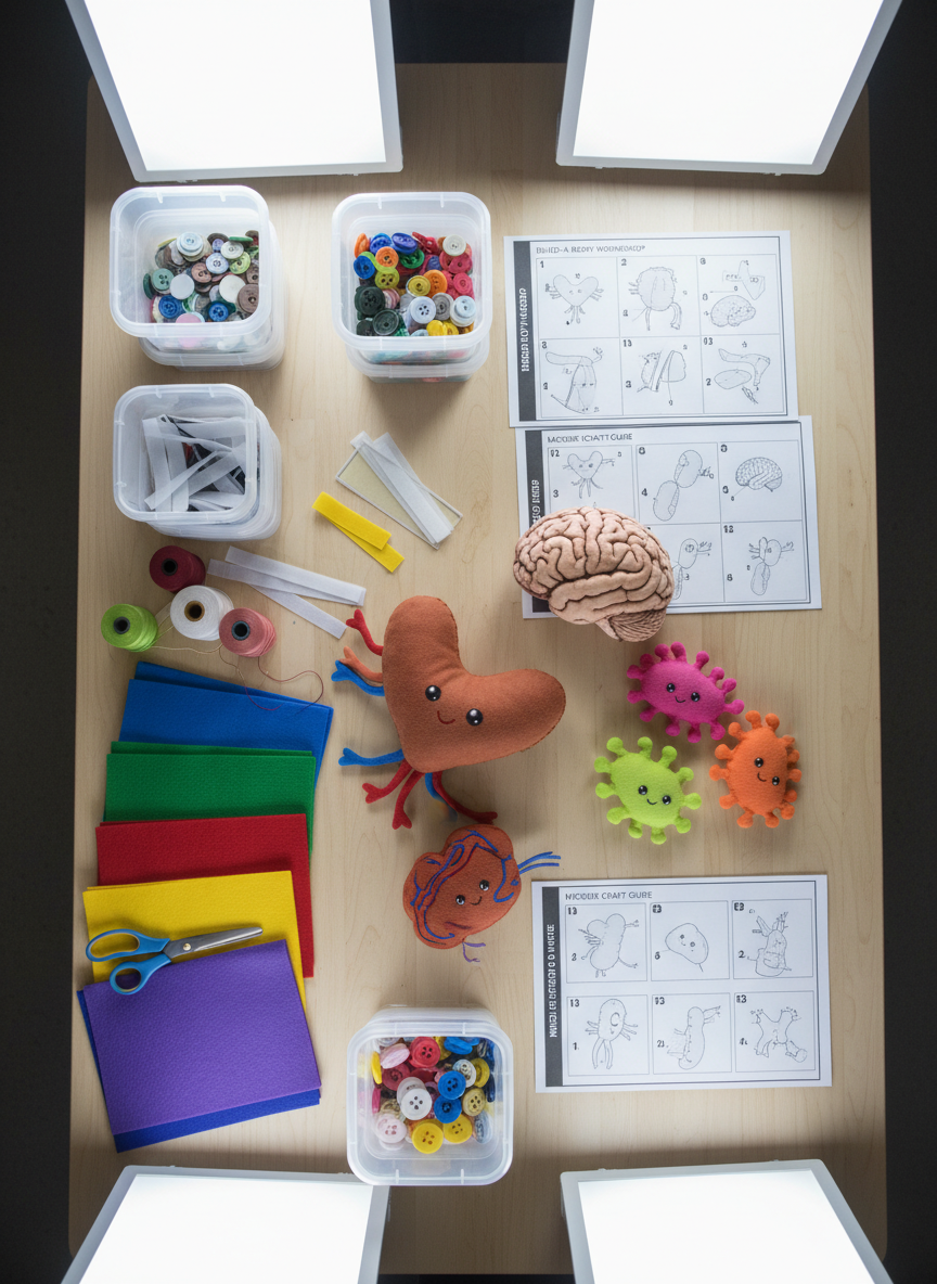 A bright maker-style workshop table covered with components for building educational science dolls and tactile models. Spread across the smooth tabletop are neatly arranged swatches of colorful felt, spools of thread, safety scissors, velcro pieces, and partially assembled soft dolls representing organs and microbes with friendly, non-realistic faces. Beside them lie printed instruction sheets illustrated with simple diagrams and step-by-step visuals. Overhead LED panel lighting produces clean, even illumination with minimal shadows, highlighting texture in the fabrics and tools. Photographic realism, captured from a top-down, bird’s-eye perspective, creates an organized, do-it-yourself mood that feels hands-on, playful, and perfectly suited for workshops in health and science education.