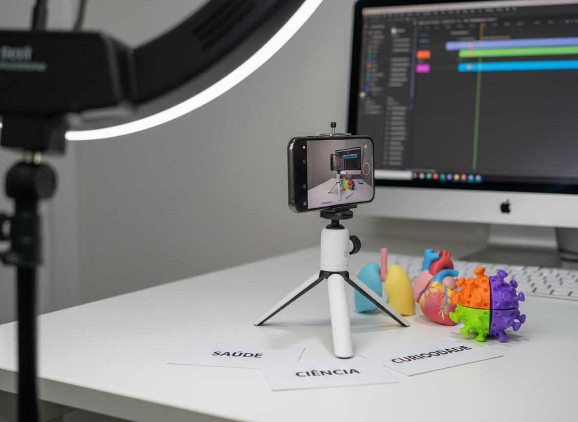 A vibrant content-creation setup for scientific social media, centered on a smartphone mounted on a small tripod above a clean white backdrop. Around the phone lie neatly arranged props: miniature models of the heart and lungs in non-realistic pastel colors, a stylized 3D-printed virus model, and simple cue cards with bold keywords like “saúde”, “ciência”, and “curiosidade”. A ring light casts soft, even illumination without harsh shadows, producing a crisp, photographic look ideal for short videos and reels. In the blurred background, a computer monitor displays an open timeline of an educational video being edited. Captured from a side angle at eye level, the scene feels dynamic, professional yet playful, highlighting how complex health information is turned into friendly, shareable content.