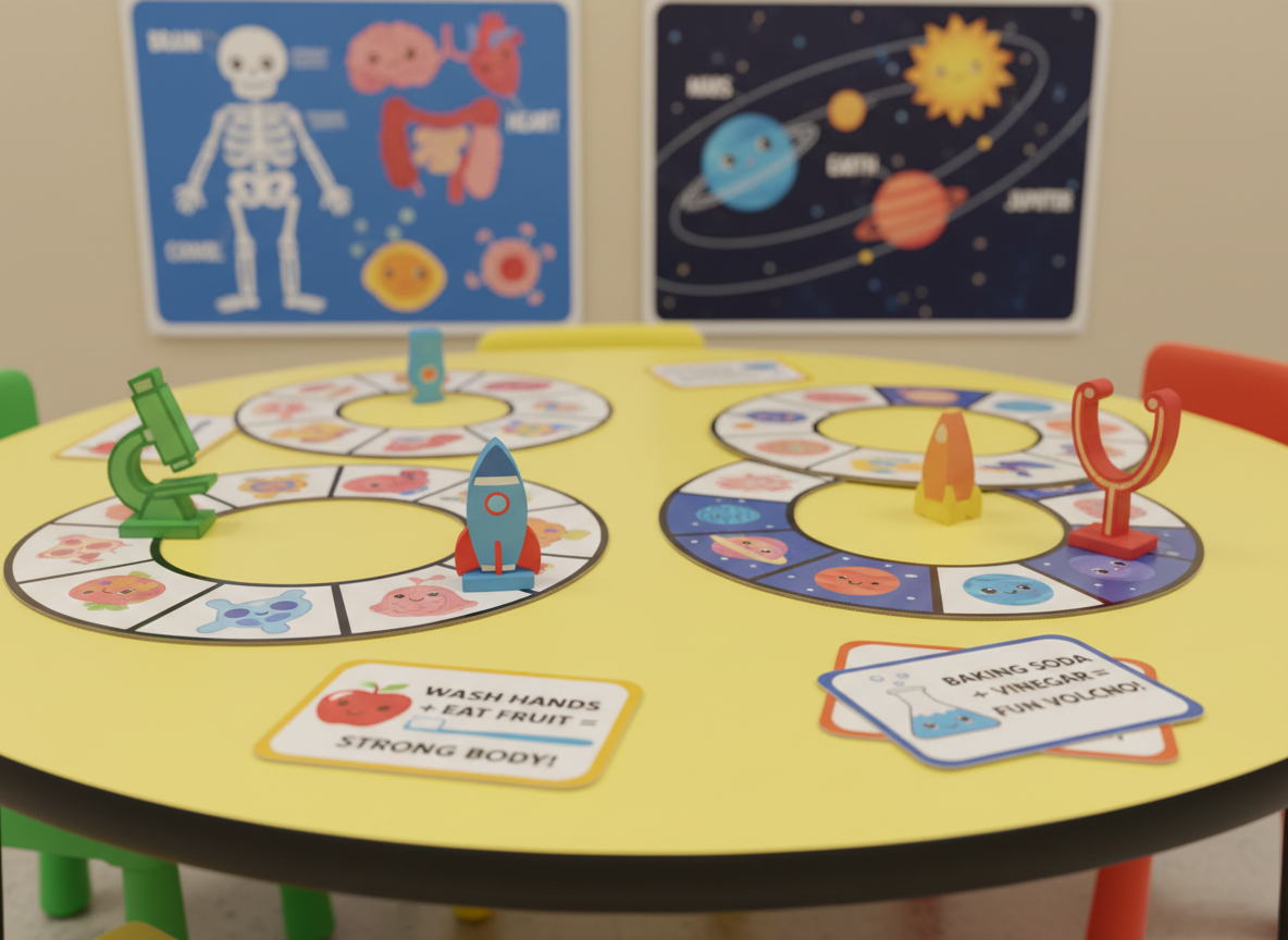 A playful science activity station designed for children, arranged on a circular table with a bright, wipeable surface. On the table are simple board-game style paths featuring cells, planets, and organs as cheerful illustrated spaces, alongside chunky wooden tokens shaped like microscopes, rockets, and stethoscopes. There are laminated activity cards that show easy health tips and fun experiments, with big icons and minimal text. In the background, colorful posters with simplified diagrams of the human body and solar system decorate a neutral wall. Soft, evenly diffused classroom lighting creates gentle reflections on laminated surfaces. Photographic realism with a slightly low angle and shallow depth of field puts the playful game elements in crisp focus, evoking a lively, engaging, and inclusive science-learning environment.
