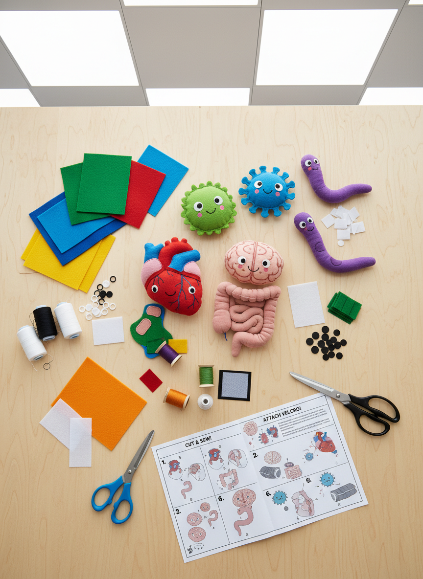 A bright maker-style workshop table covered with components for building educational science dolls and tactile models. Spread across the smooth tabletop are neatly arranged swatches of colorful felt, spools of thread, safety scissors, velcro pieces, and partially assembled soft dolls representing organs and microbes with friendly, non-realistic faces. Beside them lie printed instruction sheets illustrated with simple diagrams and step-by-step visuals. Overhead LED panel lighting produces clean, even illumination with minimal shadows, highlighting texture in the fabrics and tools. Photographic realism, captured from a top-down, bird’s-eye perspective, creates an organized, do-it-yourself mood that feels hands-on, playful, and perfectly suited for workshops in health and science education.