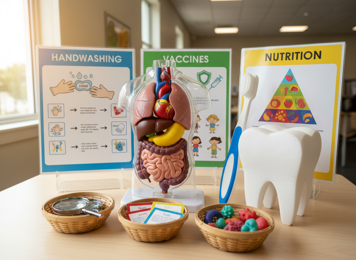 An engaging health-science exploration corner focused on everyday objects, laid out on a light wooden table. There is a clear plastic model of the human torso with removable, brightly colored organs, a large foam toothbrush and tooth model, and a set of illustrated flip charts explaining handwashing, vaccines, and nutrition using simple icons and large arrows. Small baskets hold magnifying glasses, color-coded cards, and tactile models of cells made from soft rubber. Natural daylight from a nearby window combines with indirect ceiling lighting, giving a bright, hygienic, photographic feel. Shot from a slightly elevated, three-quarter angle with moderate depth of field, the composition conveys clarity, curiosity, and practical health education that is easy to understand and interact with.